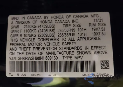 2022 Honda Cr-V Awd Touring из США, поврежденный, VIN 2HKRW2H98NH609139